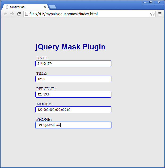 Результат работы плагина jQuery Mask Plugin