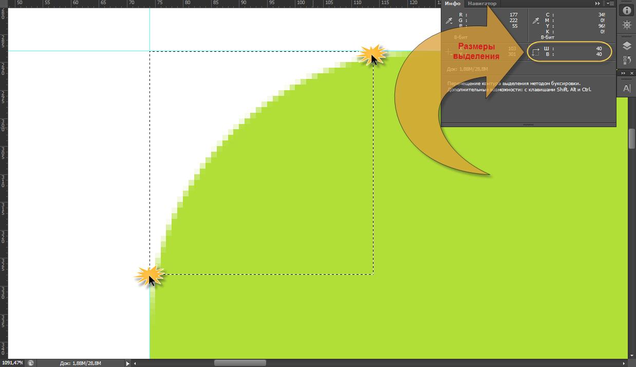 Размер построенного выделения в Photoshop